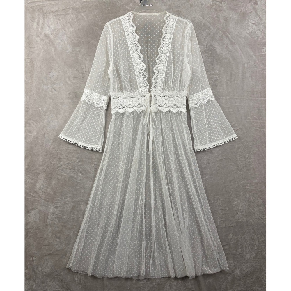 White Swiss Dot Sheer Mesh Lace Bell Sleeve Tie Robe Kimono Overlay L Boho Fairy